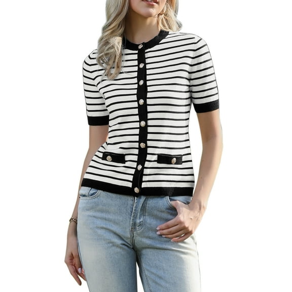 Striped Cardigan for Women's Short Sleeve Button Down Knitted Sweater Casual Crew Neck Tops XS Black White Stripe