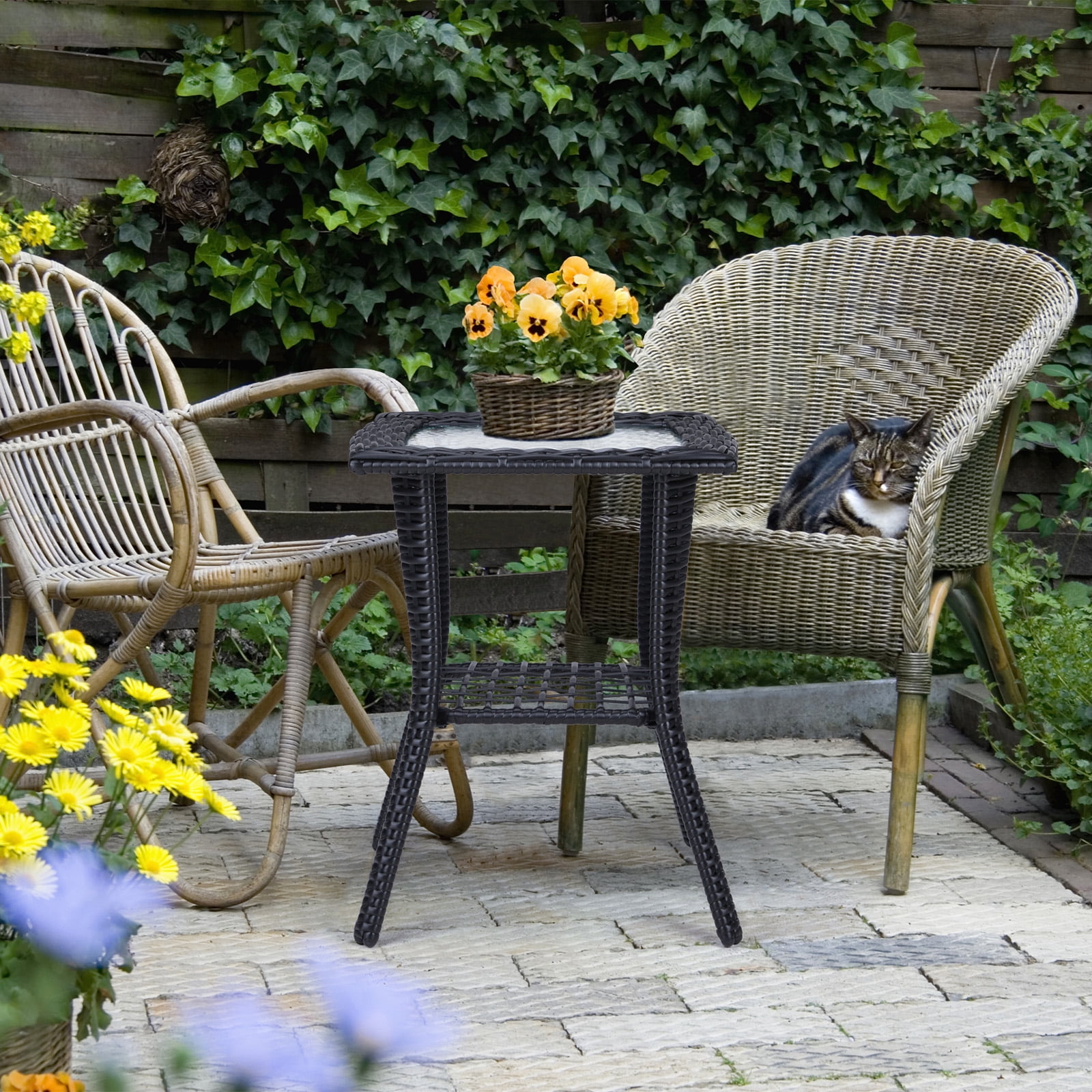 Wicker Side Table with Glass Table Top, Square PE Rattan Outdoor End Table for Patio, Garden, Poolside, Deck w/UV-Resistant Frame, Storage Space, Black