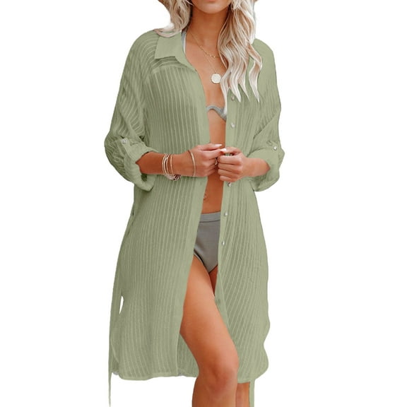 Women'S Beach Cover-Up Jacquard Stripe Texture Shirt Holiday Bikini Sun Protection Shirt Light Green One size