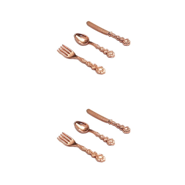 Bewildely Vajilla de 3 piezas, modelo de casa, cuchara de cocina en miniatura, cubiertos de imitación educativos, accesorios para niños, oro Oro rosa 2Conjunto