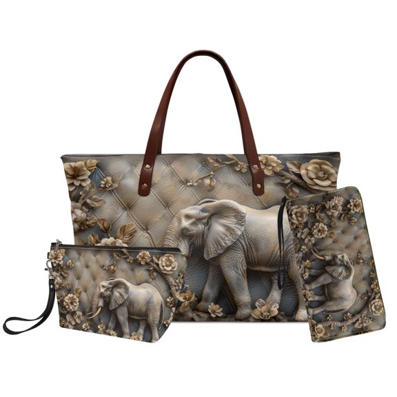 DISNIMO Elephant Flower Print Handbag and Wallet Set with Makeup Pouch Fashion Top Handle Satchel Handbag with Zipper Closure PU Leather Purse for Daily Use