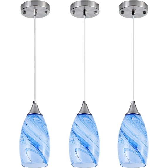 Glass Pendant Light with Handblown Blue Marble Art Glass Shade Adjustable Cord Modern Lamp Ceiling Pendant Light Fixture for Dining Room, Kitchen,Foyer, Hallway (Blue Marble, 3-Pack)