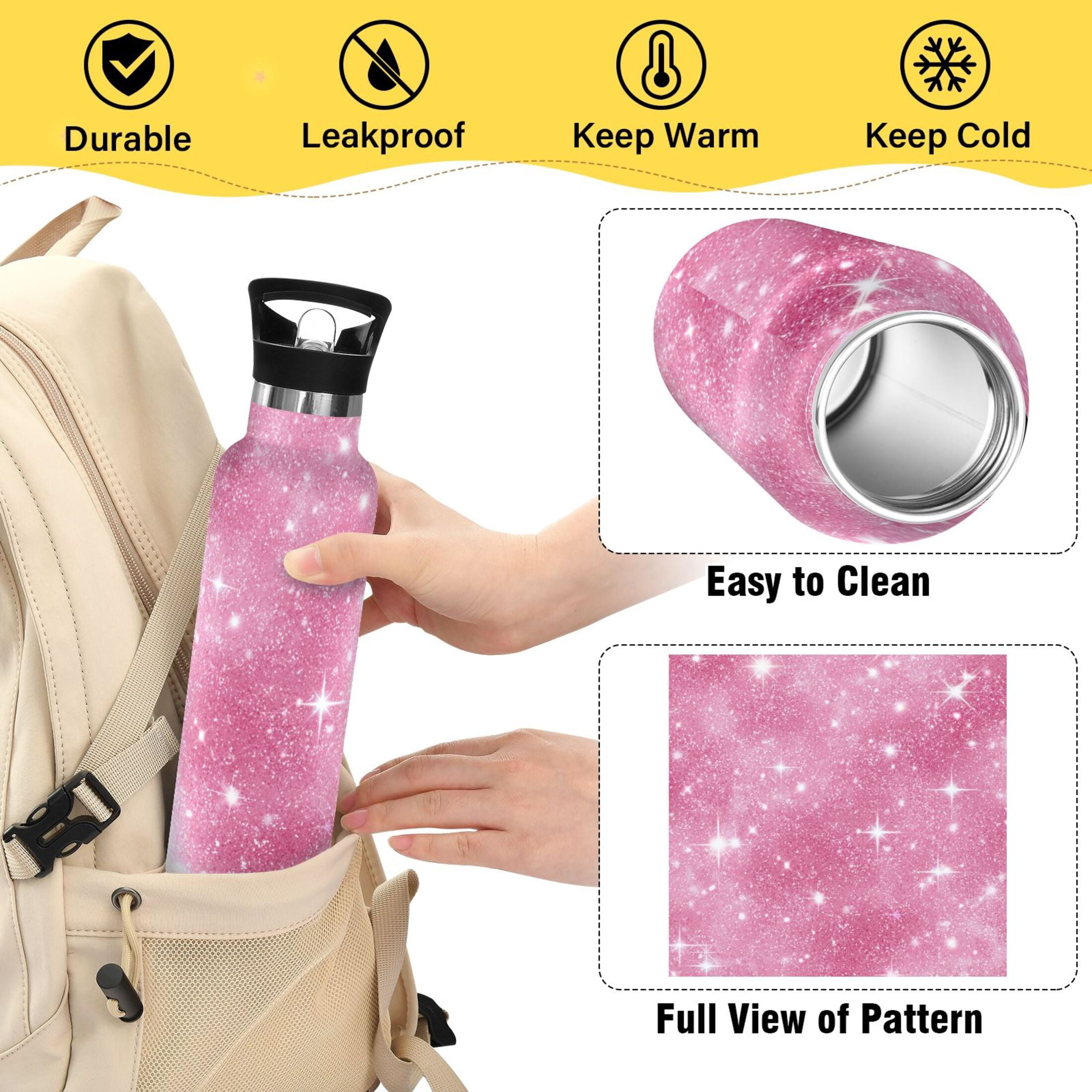 Kids Insulated Stainless Steel Sports Water Bottle 600ml (20oz) Pink Glitter Background