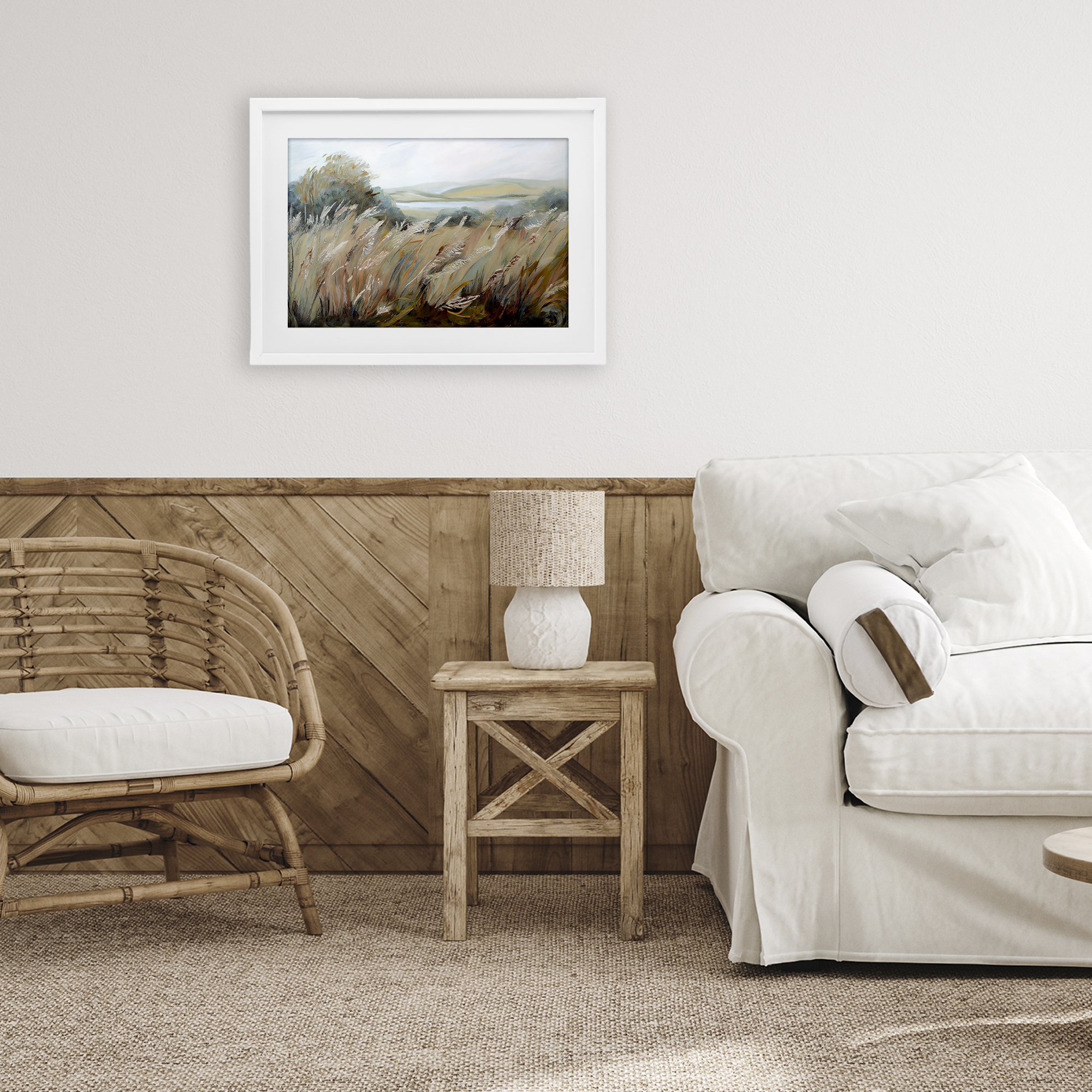 Windy Meadow Distortion White Framed Print Under Glass, design by Sasha