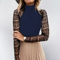 thumbnail image 2 of RYRJJ Women's Elegant Blouse Sheer Mesh Mock Neck Long Sleeve Contrast Lace Slim Fit Tee Tops Shirt(Navy,M), 2 of 8