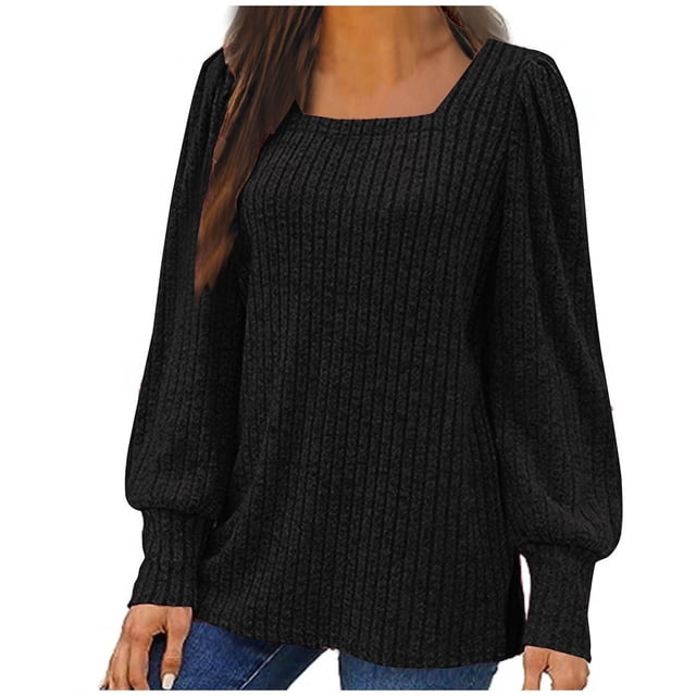 Meichang Women Tops Plus Size Square Neck Puff Long Sleeve Shirts Ribbed Knit Pullover Solid Loose Fit Side Slit Hem Blouses Business Casual Spring Tops