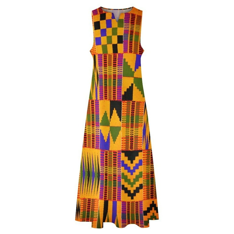 2025 Kente Tribal African Dress Summer Retro Print Streetwear Casual Long  Dresses Women Vintage Maxi Dress Gift Idea - Walmart.com