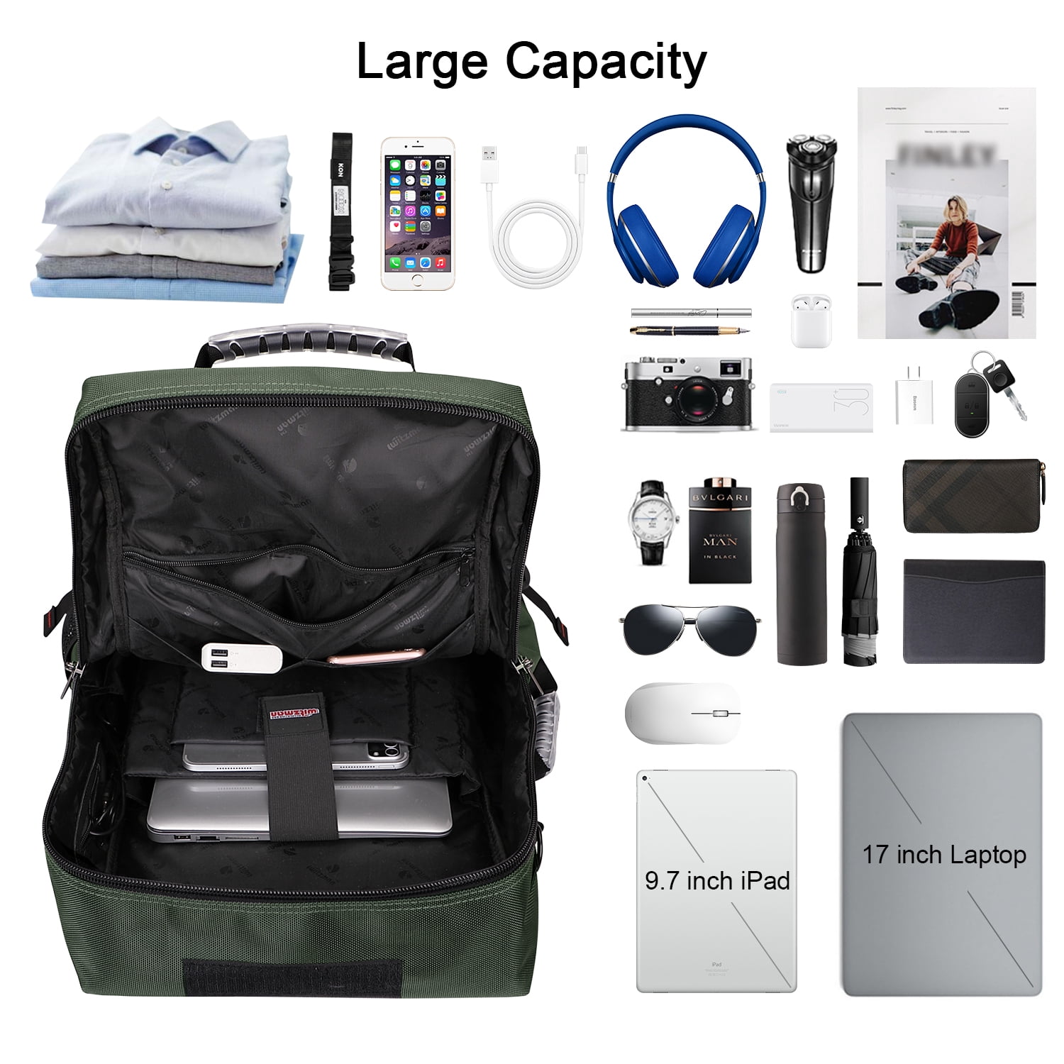 WITZMAN Carry on Nylon Travel Backpack for Men Convertible Large Duffle Luggage Bags for Airplane fit 18 inch Laptop B681 Army Green