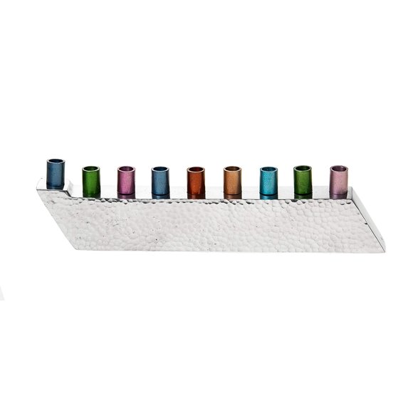Legacy Judaica Hammered Stainless Steel Chanukah Menorah with Colorful Cups - Stainless Steel, Classic Branch Menora Style - for Standard Hanukah Candles – 9.5" Long 2.5" Tall x 1" Wide
