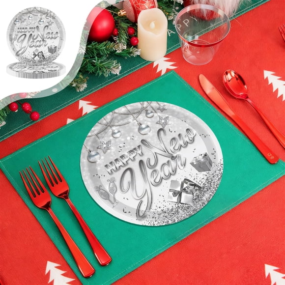 White and Silver New Year Theme Disposable Tableware, 7-inch and 9-inch Plates and Cups for Parties