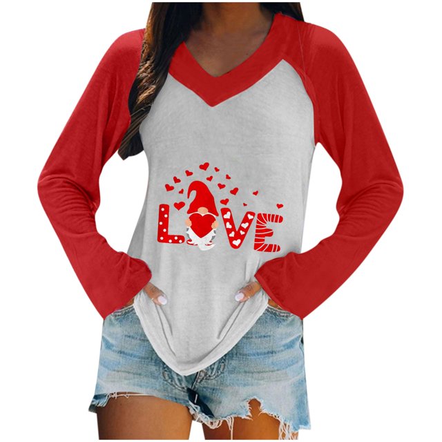 Moda mujer Casual cuello en V Día de San Valentín estampado contraste costura manga larga camiseta Fridja hkj3368