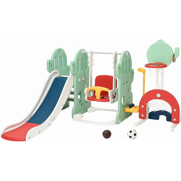 Historyli Juego infantil 7 en 1 con temática de cactus para interior y exterior,tobogán extralargo de 193 cm con columpio ajustable,tobogán,aro de baloncesto y fútbol,para edades de 1 a 3 años