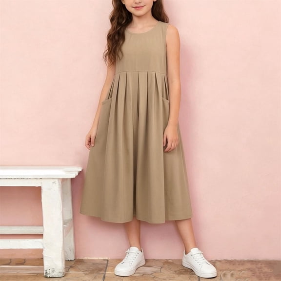WPPGONE Girls Pleated Tank Dress Sleeveless High Waist Midi A Line Casual Dresses Summer Cotton Solid Color Swing Party Sundress with Side Pockets