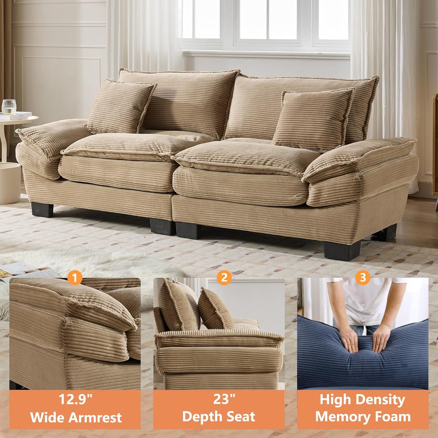 AENKYO 84" Corduroy Loveseat Sofa with Pillows, Modern 2-Seater Couch for Living Room,Khaki