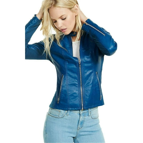 Womens Genuine Blue Lambskin Leather Jacket Motorcycle Biker Leather Jacket W379
