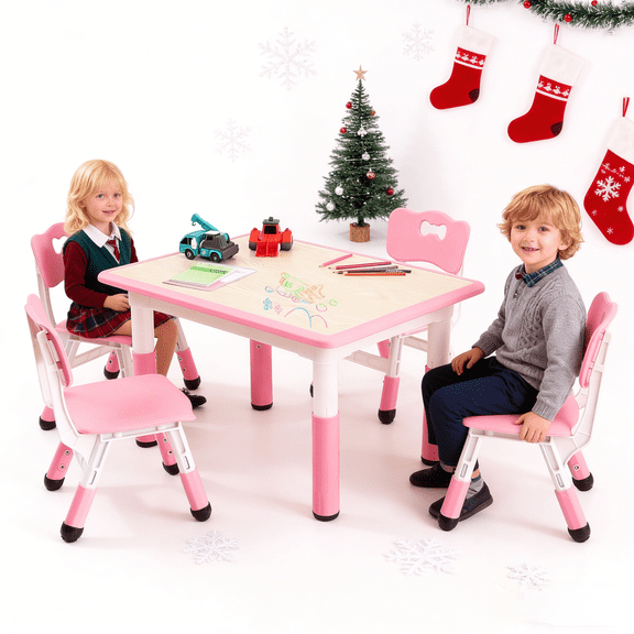 Kids Table and Chairs Set, Children Arts & Crafts Activity Table with 4 Chairs, Toddler Height Adjustable Desk with Graffiti Desktop, Non-Slip Legs, for Classrooms Home Daycares, Pink