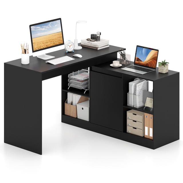 Gymax 48'' Reversible L-shaped Computer Desk w/2 Doors 4 Open Storage Cubes for Office Black