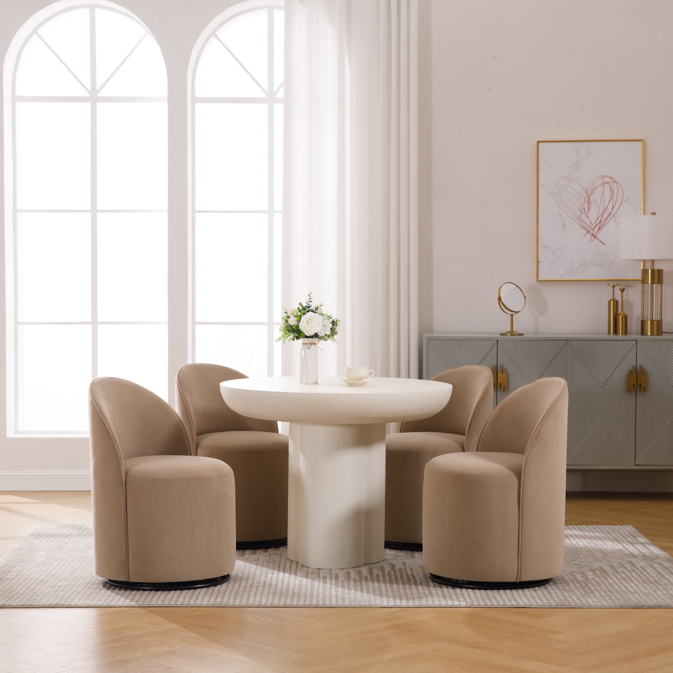 Guyou 360° Swivel Barrel Dining Chair Set of 1, Mid-Century Modern Upholstered Barrel Accent Chair, Velvet Round Vanity Chair for Dining Room Living Room Bedroom, Khaki