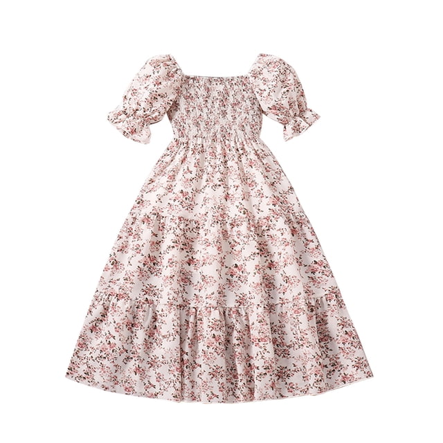 PEZHADA Filles Robe Taille 8 Filles Été Nouveau Manches Courtes Cou Poupée Mignon Princesse Robe Ronde Cou Princesse Arc Jupe Manches Courtes Robe d'Été