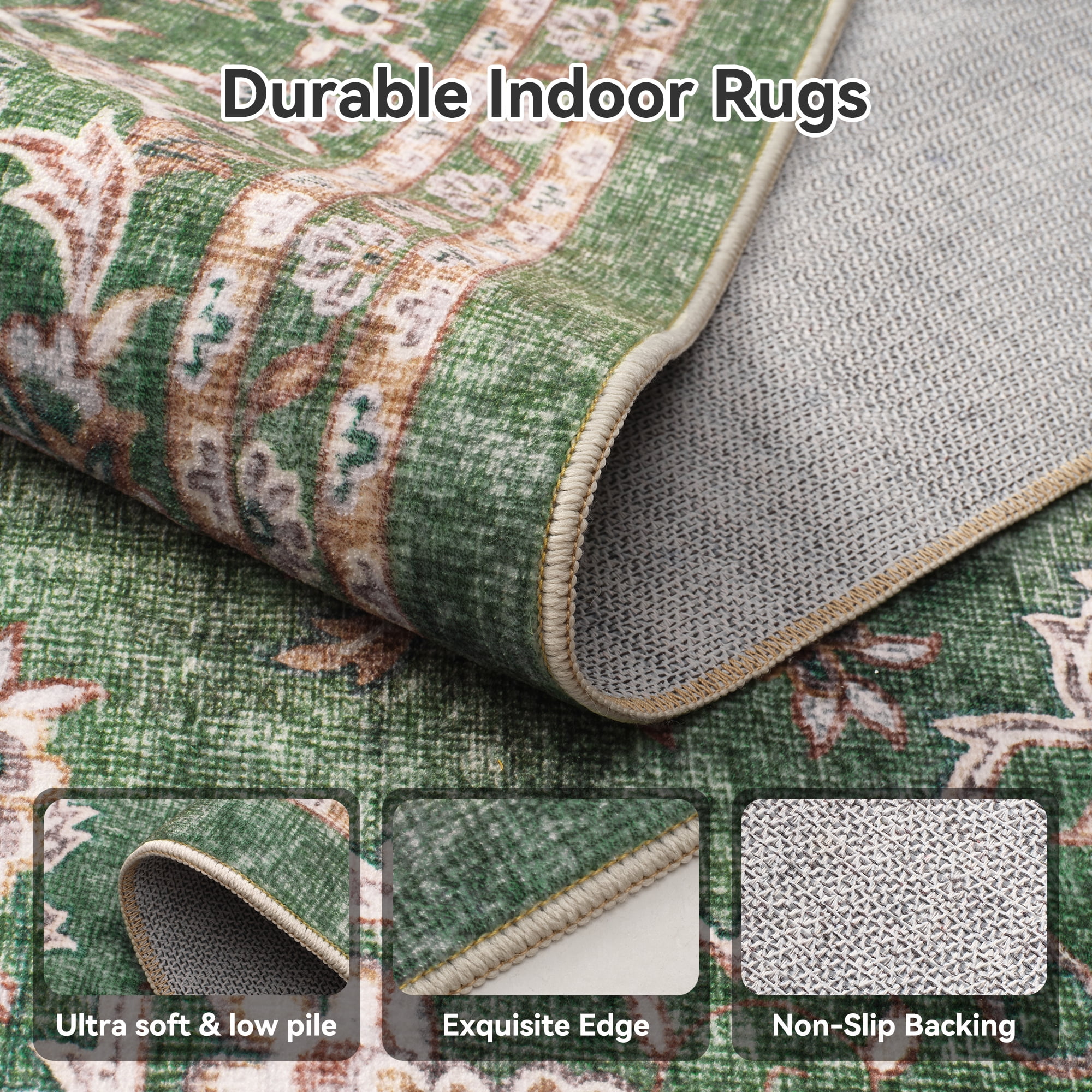 SIXHOME 9x12 Feet Washable Non-Slip Area Rug - Traditional Distressed Vintage Green Rug with Retro Floral Design, Ultra-Soft Indoor Large Carpet for Living Room, Bedroom, Dining Room