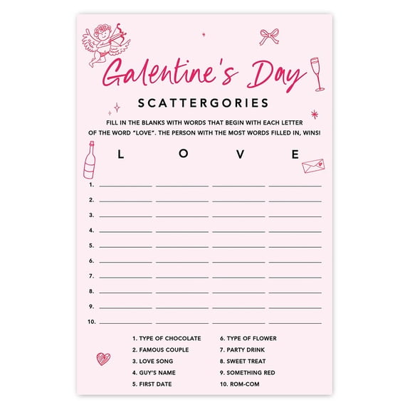Koyal Wholesale Pink Bows Galentine’s Scattergories Game Cards, Party Fun, 24-Pack
