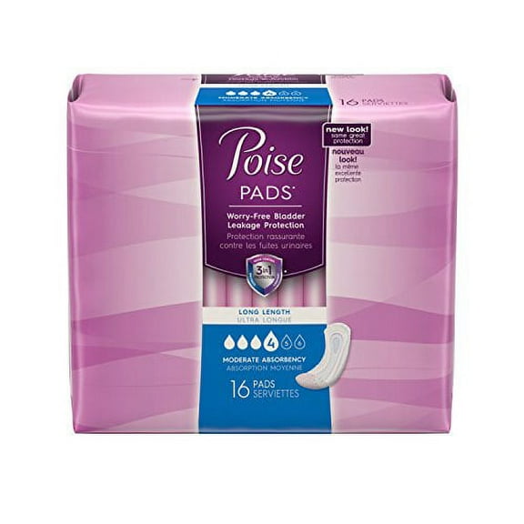 Poise Incontinence Pads Moderate Absorbency Long 16 Count (Pack of 3)