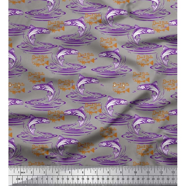 Soimoi Purple Satin Silk Fabric Text & Fish Ocean Decor Fabric Printed Yard 42 Inch Wide