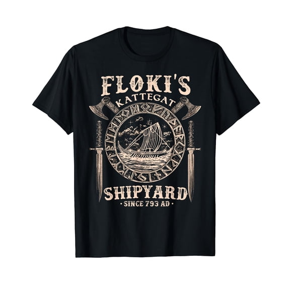 Flokis Shipyard Kattegat Viking Ship and Sword T-Shirt Black Tee Gift
