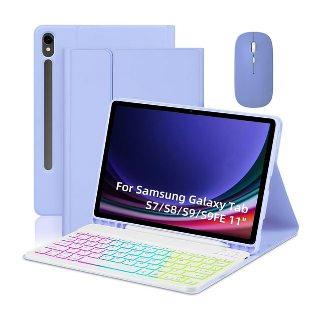 Light Purple 3-in-1 Bluetooth Keyboard Case with Mouse for Samsung Galaxy Tab S7/S8/S9 11" & S9 FE 10.9" - Magnetic Detachable 7-Color Backlit Keyboard, Multi-Angle Stand, Pen Slot, Honeycomb Heat