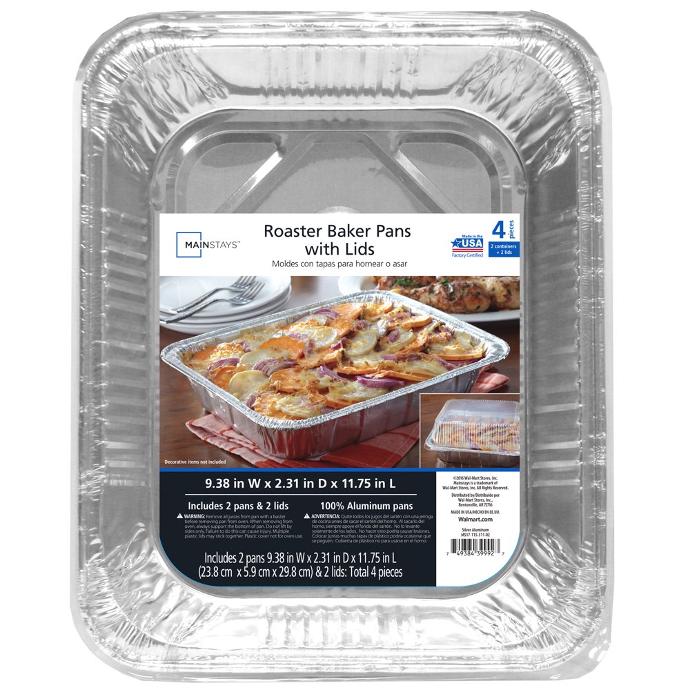 Mainstays Aluminum Foil Rectangular Roaster & Baker Pans with Lid, 4
