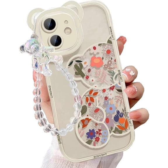 iPhone 11 Bear Case, Cute Flowers Bear Camera Protector Clear Case with Lovely Strap Bracelet Chain Girls Women Case for iPhone 11