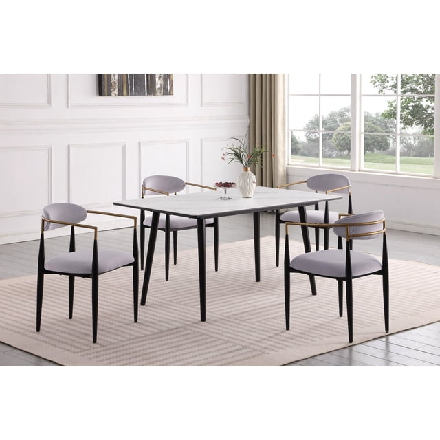 Modern 5pc Dining Set White Sintered Stone Table and 4 Chairs Grey Fabric Uphlostered Luxury Dining Furniture