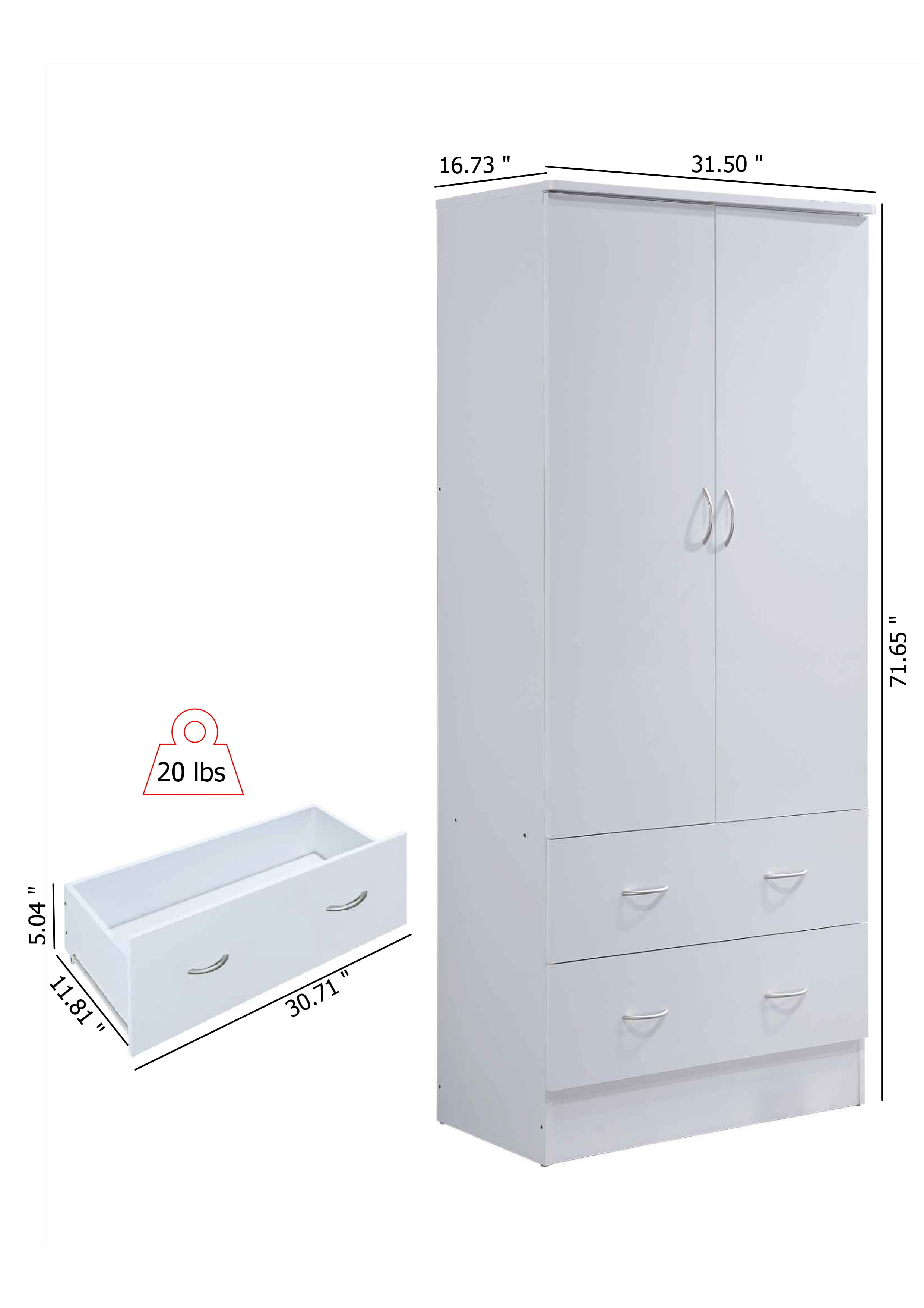 Hodedah Two Door Wardrobe with Two Drawers and Hanging Rod, White