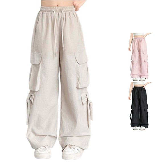 OSOLU Girls Pants Solid Color Comfortable Drawstring Elastic Waist Multi Cargo Pockets Wide Leg Trousers Kids Daily Wear Beige