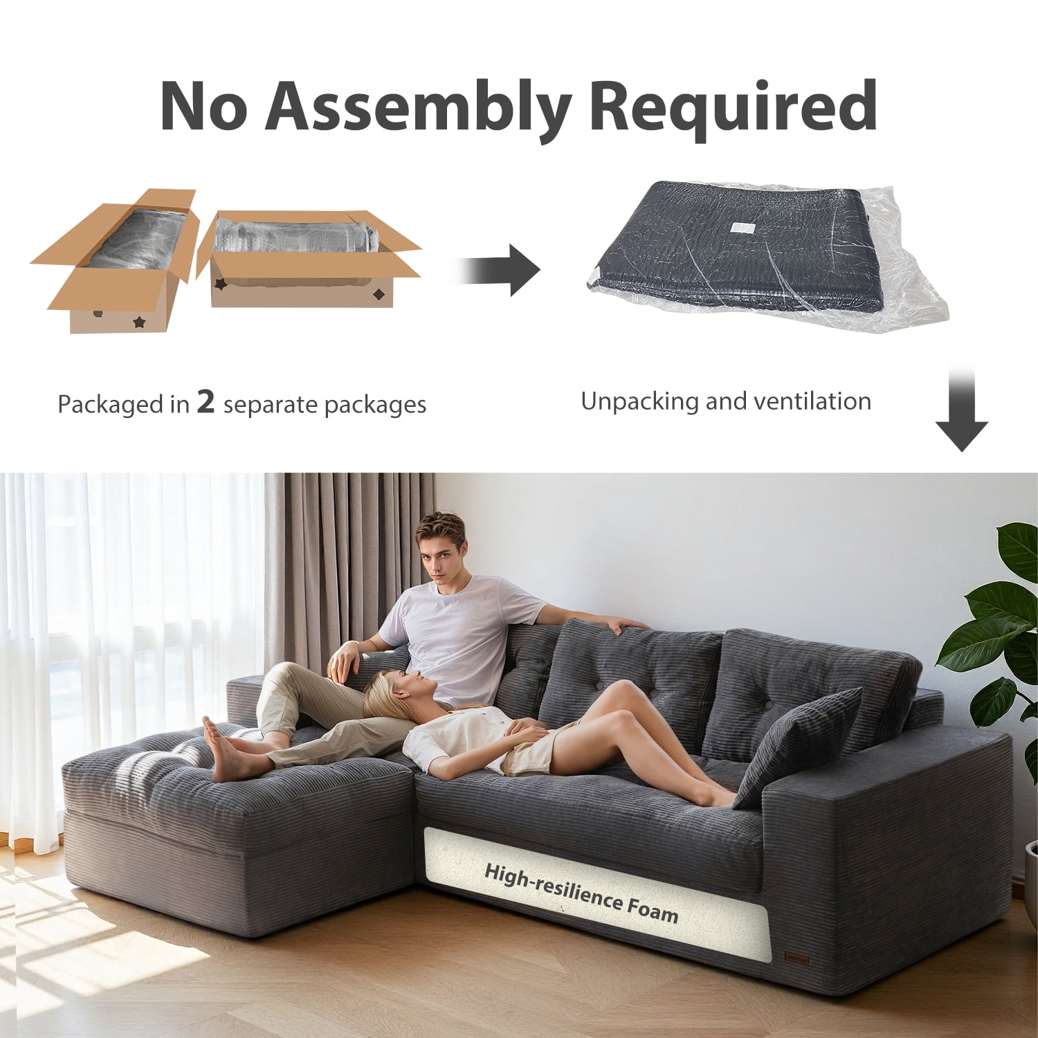BYBYME 104"Oversized L-Shaped Sectional Sofa Cloud Boneless Modular Couch,Upholstered Sofa with Convertible Left/Right Ottoman for Living Room Bedroom,No Assembly,BLACK
