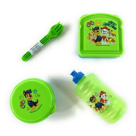 

Paw Patrol Lunch Box Set! Includes Sandwich Box + Snack Container + Water Bottle + Tableware Featuring Ryder + Dogs! 4 Piece Kids Picnic Pack in Tote Bag! (Green V6)