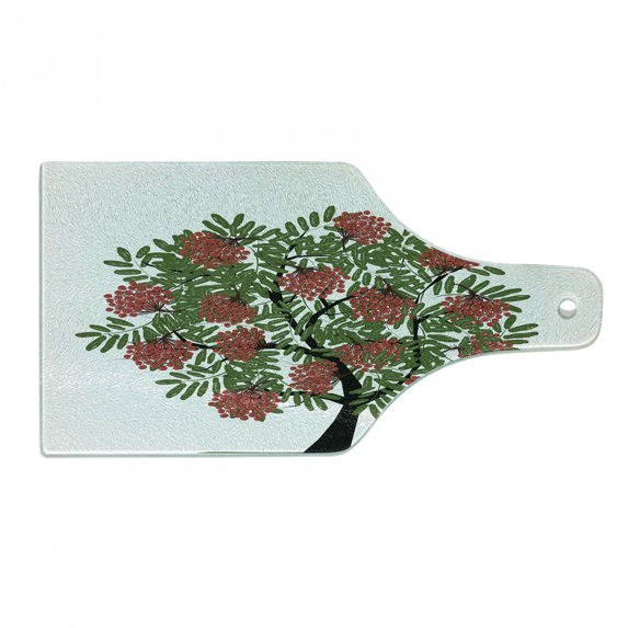 Rowan Cutting Board, Rowan Tree Full of Fruits Fresh Organic Ecology Themed Art, Decorative Tempered Glass Cutting and Serving Board, Wine Bottle Shape, Olive Green Dark Coral, by Ambesonne