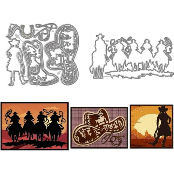 2Pcs Cowboys Cutting Dies Cut Stencils Herders Horse Riding Templated Embossing Die Cuts Set for Scrapbooking Making Western Horseshoe Hat Metal Cutting Dies for DIY Photo Album Cards