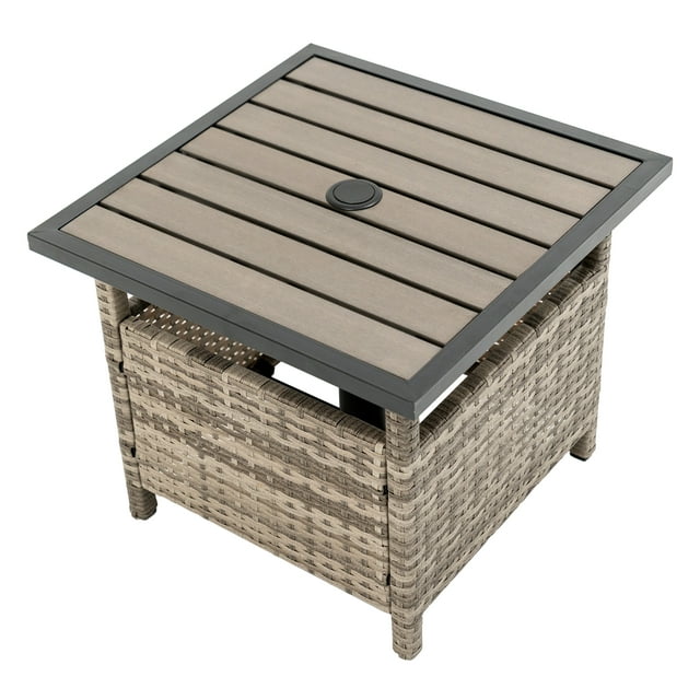 Outdoor Patio Side Table Umbrella Stand All-Weather PE Wicker Rattan Umbrella Table Furniture  for Garden Deck Pool Gray