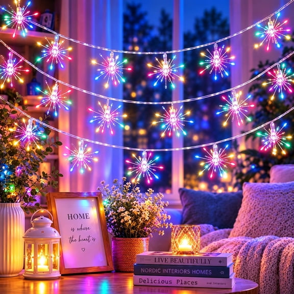 16FT Christmas String Lights, Firework String Lights with 236 LED Bulbs, 10 Firework Light Heads USB Powered for Christmas Tree, Bedroom, Party, Wedding & Holiday Decor