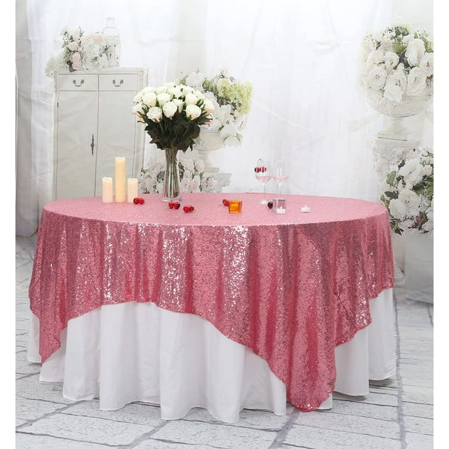 GFDYREE Sequin Tablecloth, Table Topper, Sequin Overlay, 90"x90", Square, Fuchsia Pink