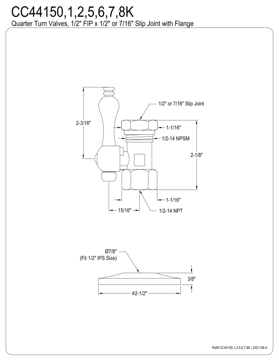 Kingston Brass CC44150K 1/2" FIP x 1/2" or 7/16" Slip Joint Quarter-Turn Straight Stop Valve with Flange, Matte Black