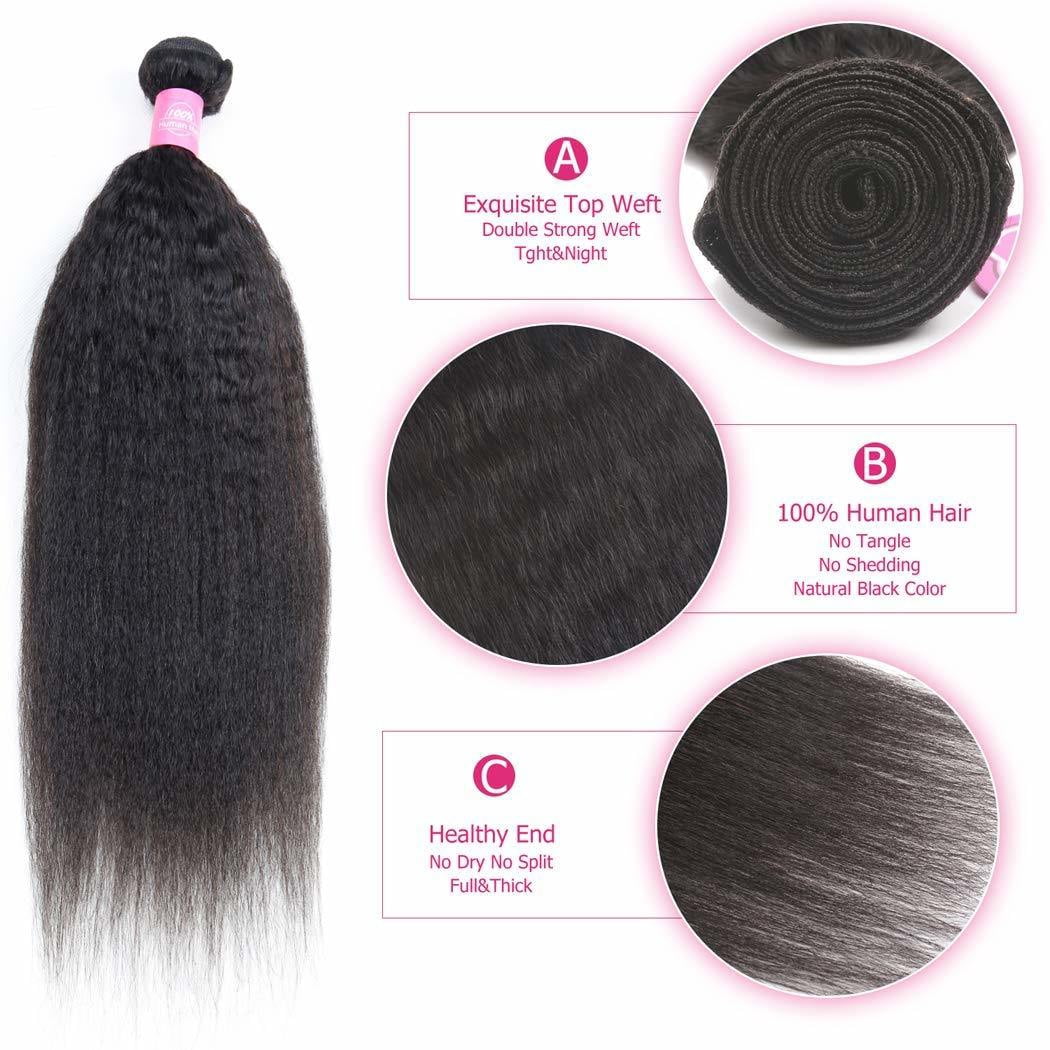 Brazilian Kinky Straight Human Hair Bundles With Frontal Free Part Ear to Ear Remy Sew in Hair Extensions Natural Black(16 18 20 with 14)