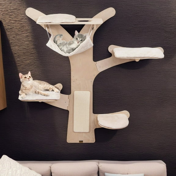 Demi Bonn 71" Wall Hanging Cat Tree Tower, Mounted Vertical Cat Climber Shelves with Hammock Platforms and Sisal Scratching Mat for Indoor Cats, Beige