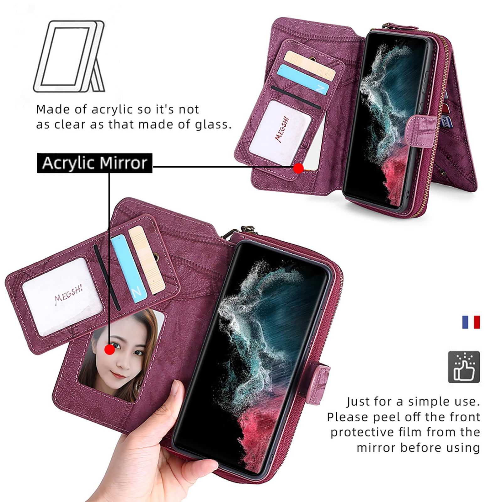 For Samsung Galaxy S25 Ultra Wallet Case with RFID Blocking Credit Card Holder, Detachable Wallet Phone Case Magnetic Closure Flip Kickstand PU Leather Flip Lanyard Strap Wristlet Zipper Purse,Winered