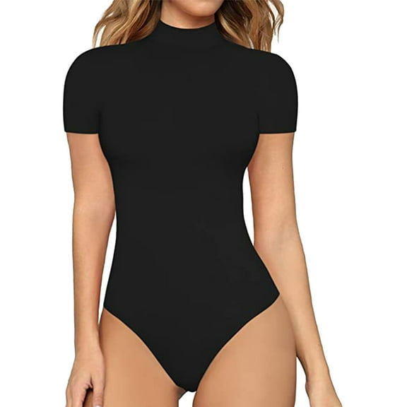YOTMKGDO Jumpsuits for Women Tights for Women Women Casual Soild Color Tight High Neck Short Sleeve Bodysuit, Sizes S-XL