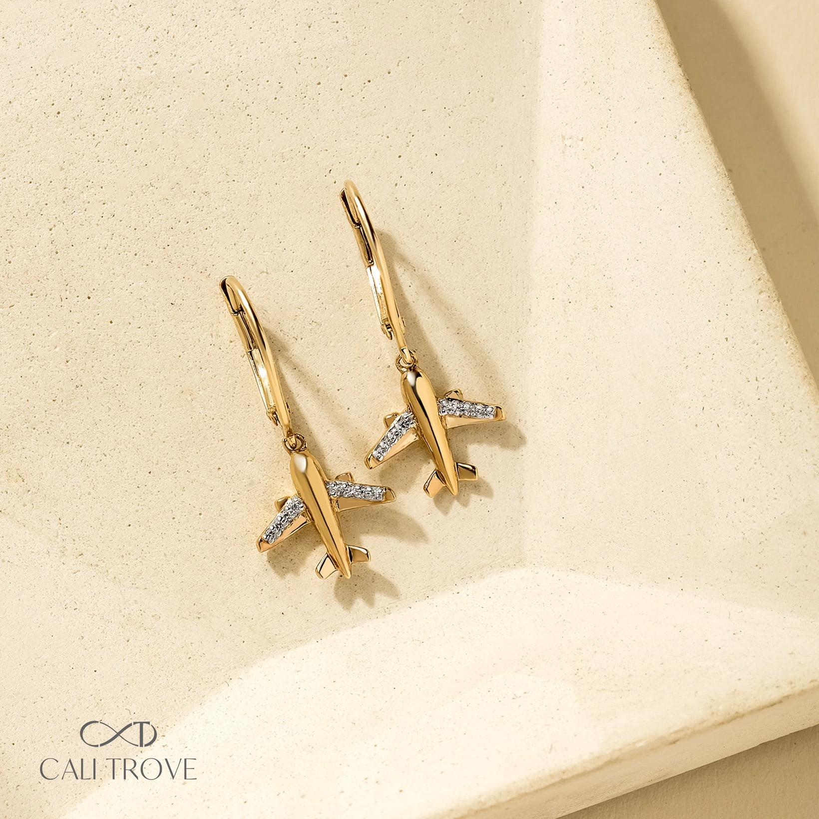 14K Yellow Gold Vermeil Diamond Airplane Dangle Earrings for Women, 1/20 Ct