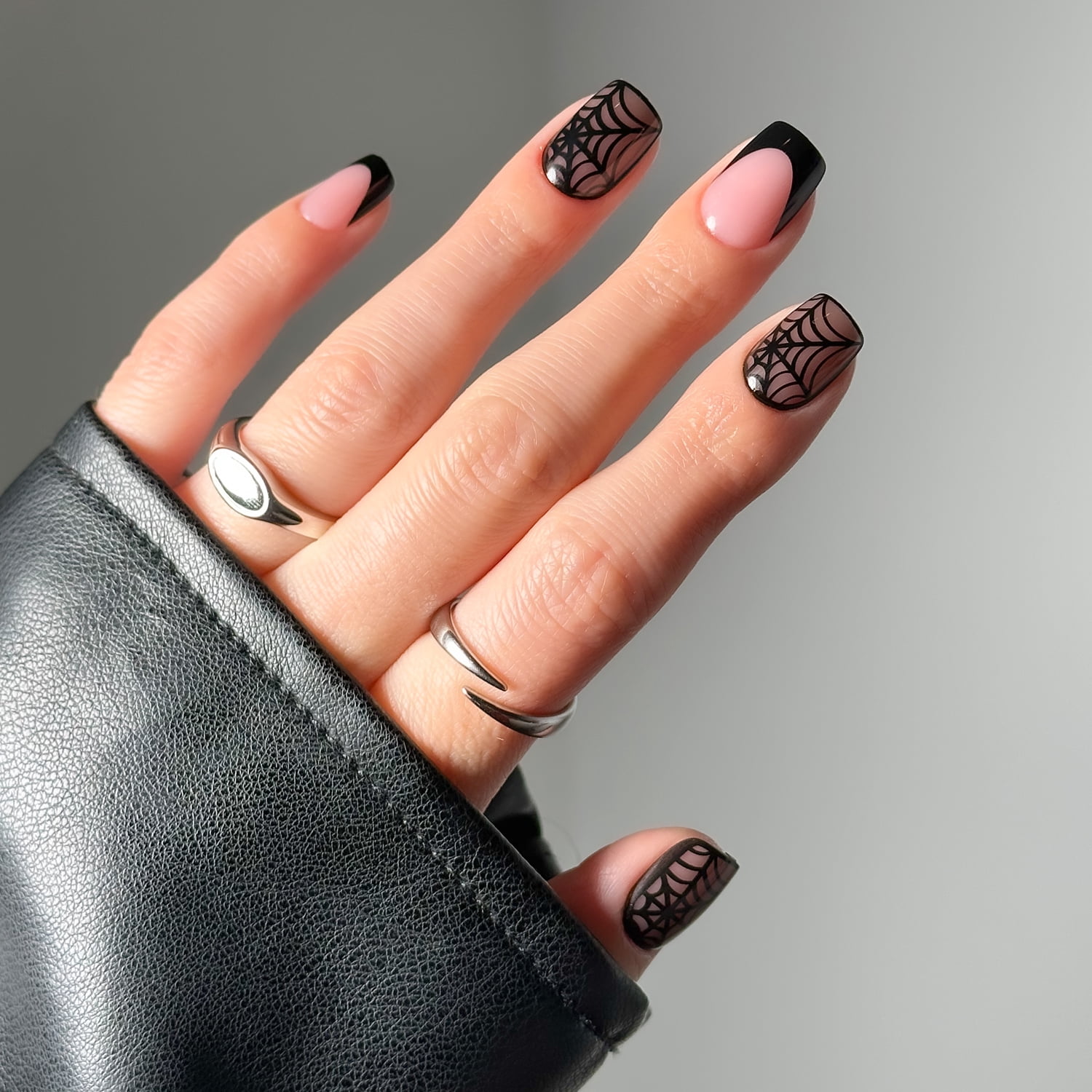 Salon Perfect Halloween Fall Artificial Fake Press On Nails, 398 Black Web French, Short Square, File, Glue and Prep Pad Included, 30 Nails