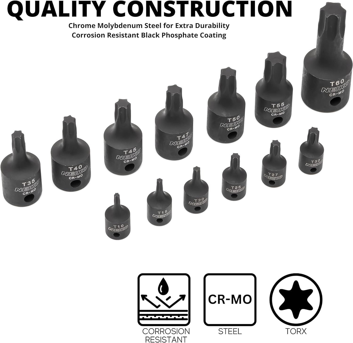 NEIKO 10281B Impact Torx Bit Socket Set, 1/4", 3/8", 1/2" Drive, 6 Point Star Sockets, Heavy Duty Impact Grade Cr-Mo, T10 to T60 High Impact, Professional Grade Auto & Motorcycle Mechanic Socket Set