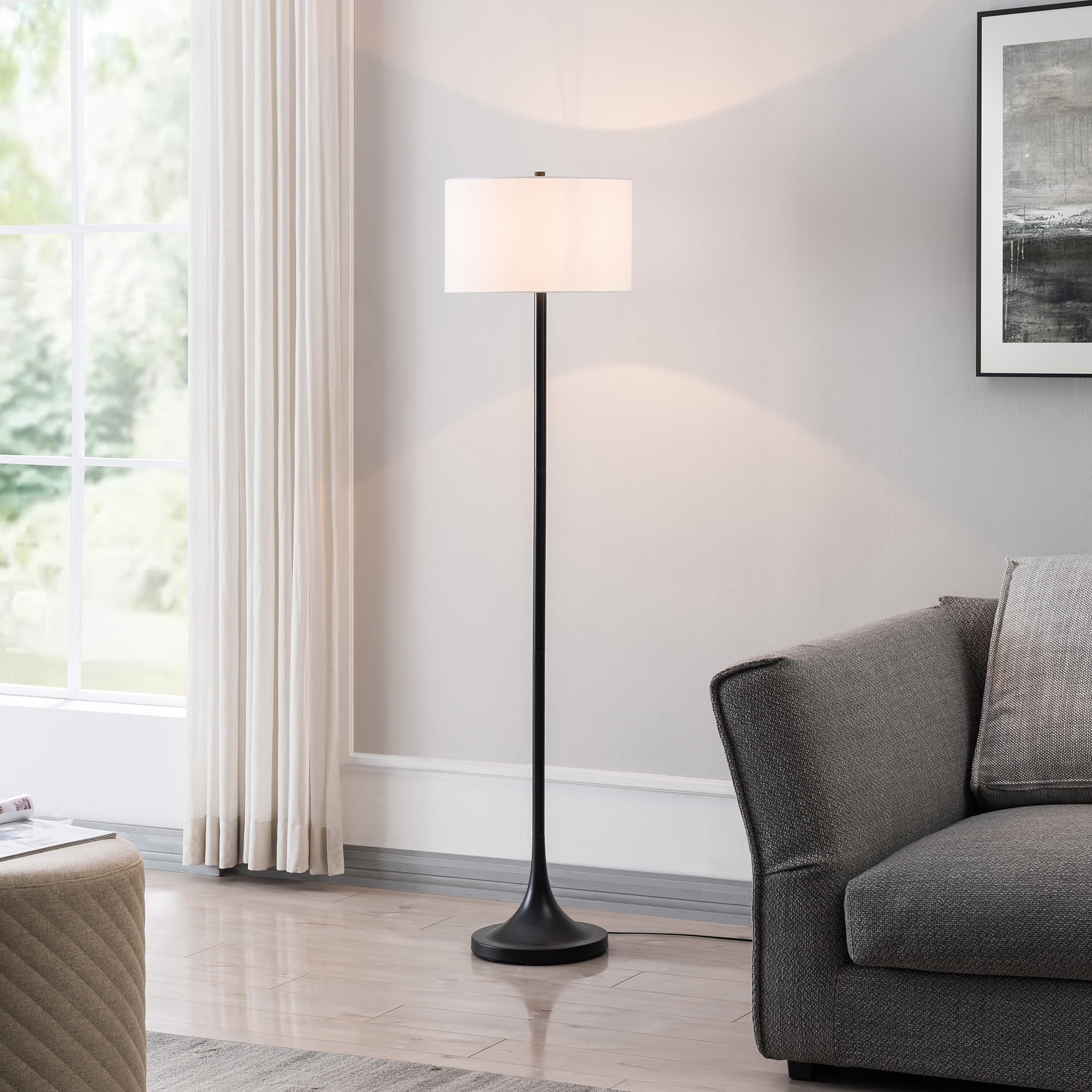 Evelyn&Zoe Josephine 62" Tall Floor Lamp with Fabric Shade, Blackened Bronze/White